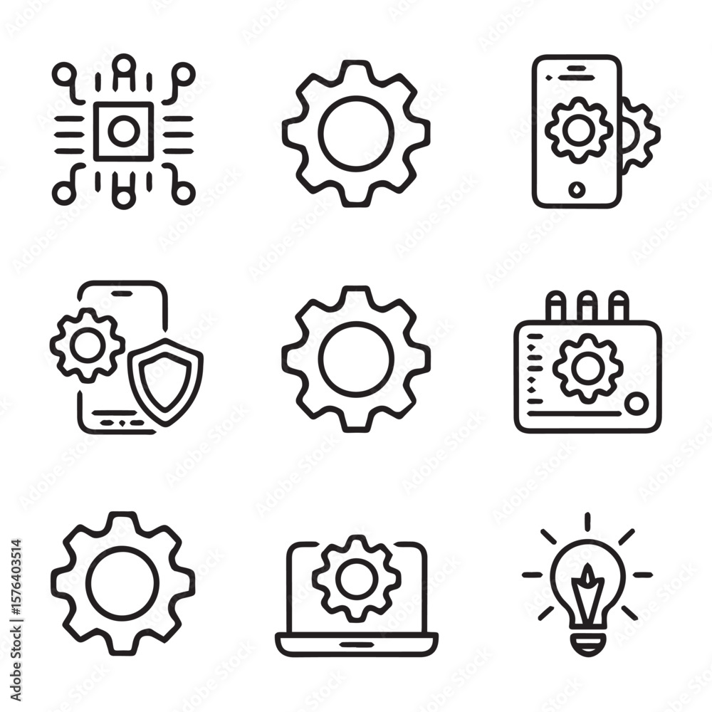 Poster collection of technology and engineering icons representing settings development security and innova