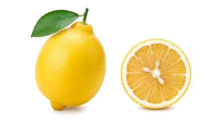 Fresh lemons present a vibrant and juicy addition with one whole lemon and a halved lemon adding zest to any recipe on a clean, white backdrop.