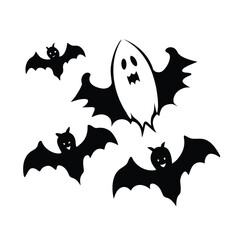 spooky halloween ghosts and bats silhouette vector