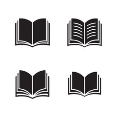 Collection of four black open book icons with different page styles representing reading knowledge and education