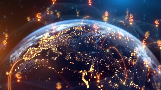 Global Financial Network Animation - Currency Exchange, Digital Money Transfer, Earth Fintech Data Visualization, Blockchain Economy, Globalization, Investment, Crypto, Banking, World Trade