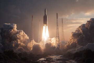 Rocket lift off from the launch pad, space shuttle, Apollo, Soyuz, Ariane, generated image