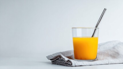 Fototapeta premium Glass of orange juice with a metal straw on a linen cloth