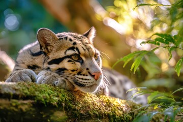 Fototapeta premium August International Clouded Leopard Day – Leopard Resting on Mossy Branch in Forest Ligh