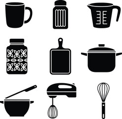 Versatile Black Silhouettes of Kitchen Utensils Tools for Cooking and Baking Projects