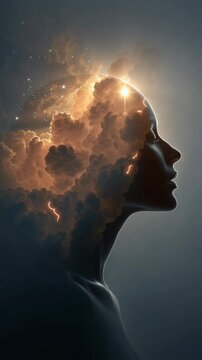Inner Universe: An ethereal silhouette of a person's profile dissolves into a captivating sky of celestial clouds, evoking a sense of boundless imagination, creativity, and the vastness of the mind.