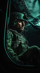 AI generator images of North Sea Danger ,Helicopter landing on a foggy airstrip and Soldier on front, Military Air assault sling loading. Rigging team, Hook Up, and pilot crew