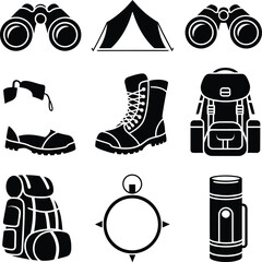 set of hiking equipment icons