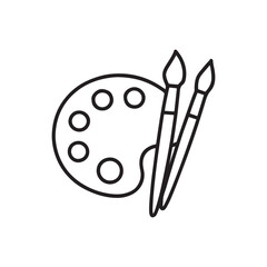 A simple, clean line art illustration of an artist's palette with multiple circular paint wells and two paintbrushes, symbolizing creativity and artistic expression.
