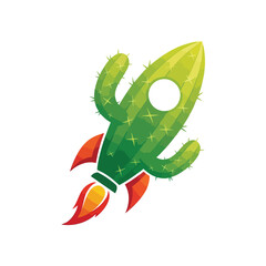 Spiky Cactus Rocket Soars. This botanical spacecraft symbolizes growth, resilience, and unique progress. Its vibrant green hue and fiery exhaust depict an innovative ascent.