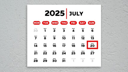 The date July 15th marked with a red cursor on the wall calendar 2025