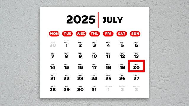 The date July 15th marked with a red cursor on the wall calendar 2025
