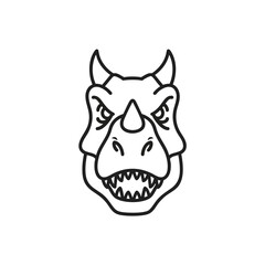 Fierce Dinosaur Head Line Art Icon. This aggressive prehistoric creature visage features sharp teeth and horns. A simple contour graphic symbolizing raw power and ancient might.