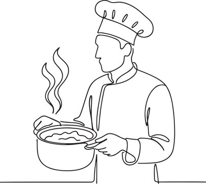 recommend clip art: Line Drawing of Chef with Pot Representing Cooking and Hospitality Theme