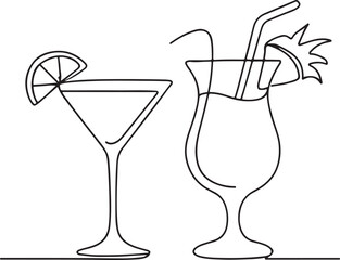 Exotic Cocktail Drinks Line Drawing for Summer Vacation and Beverage Theme
