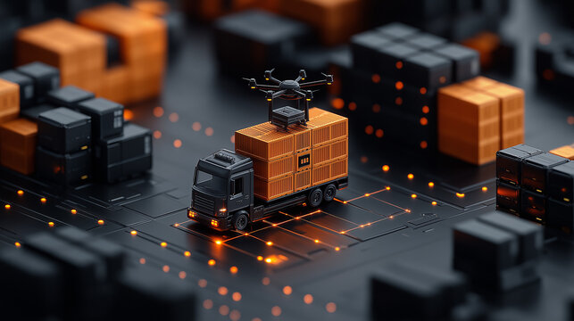 AI generated images of Aerial drone monitoring logistics at sunset in urban cityscape and logistics and transportation of container ships and cargo aircraft. Drones enhance sea port efficiency by impr