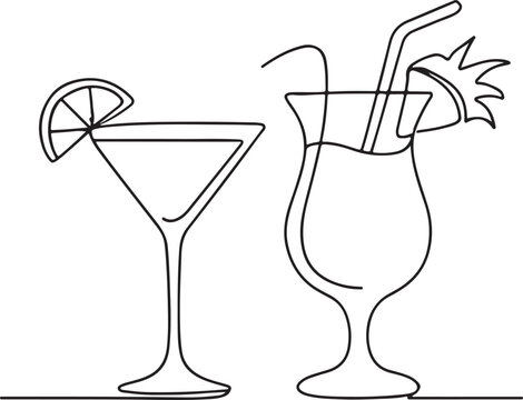 Exotic Cocktail Drinks Line Drawing for Summer Vacation and Beverage Theme