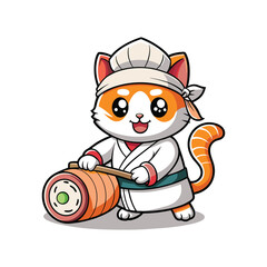 Adorable Sushi Chef Cat Rolling a Fishy Sushi Roll. Cute Culinary Feline Illustration on White Background, Perfect for Japanese Food-Themed Vector Art Collections.