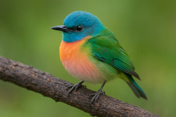 Obraz premium Vibrant blue and orange bird perched on a textured branch with soft green background