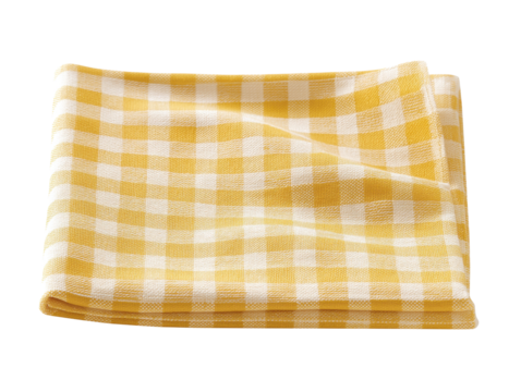 Folded yellow gingham tablecloth on transparent background - Powered by Adobe