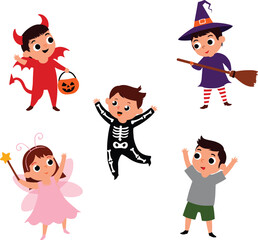Cartoon Halloween Kids Costumes, Spooky Devil, Witch, Skeleton, Fairy, Fun Holiday Illustration