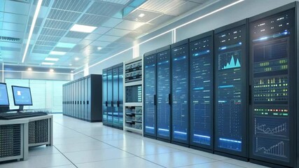 Futuristic data center server racks glowing with blue light and displaying complex graphs and data streams with computer monitors in foreground representing technology - Powered by Adobe