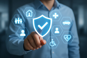 Businessman selecting secure insurance solution with digital protection shield and virtual safety icons representing modern risk management and personal security coverage system