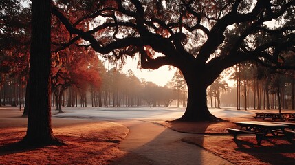 Scenic Tree at Sunrise on Foggy Golf Course