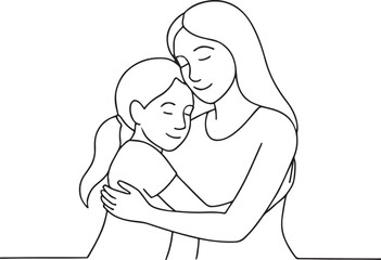 Mother and Daughter Hugging Line Drawing for Love and Family Bond Concept