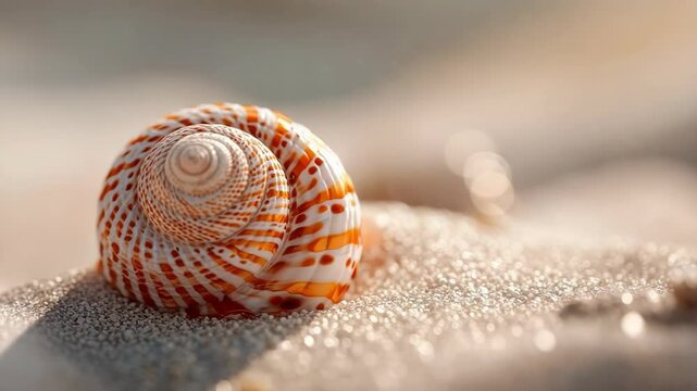 Close-up video of a beautiful seashell with orange stripes lying on a sandy beach