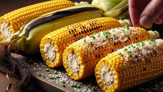 Preparing mouthwatering elote style corn cobs with cheese garnish