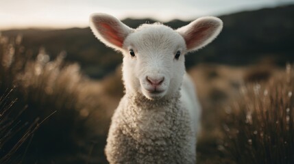 Naklejka premium Adorable young lamb sheep standing outdoors in a rural natural landscape at sunset