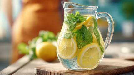 Fototapeta premium Refreshing Lemon Mint Infused Water in Glass Pitcher with Fresh Fruits and Herbs