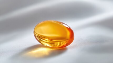Close-up of a glossy amber-colored gel capsule supplement on smooth surface
