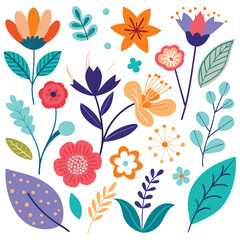 Floral botanical arrangement with colorful flowers and leaves