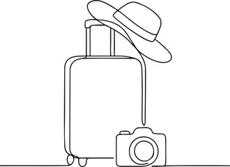 Travel Suitcase Hat and Camera Line Drawing for Vacation Packing Theme