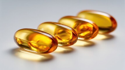 Close-up of four shiny golden dietary supplement capsules lying on a smooth white surface
