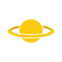 Minimalist Golden Ringed Planet Icon. Clean graphic of a bright yellow sphere encircled by a vibrant band. Evokes celestial beauty, scientific discovery, and infinite possibilities beyond Earth.