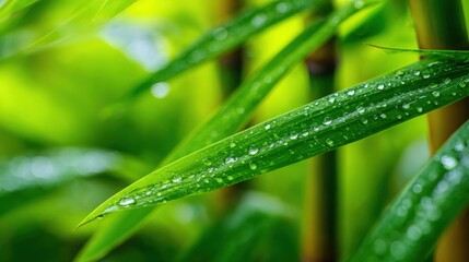 Close-up of vibrant green plant leaves with water droplets in natural sunlight