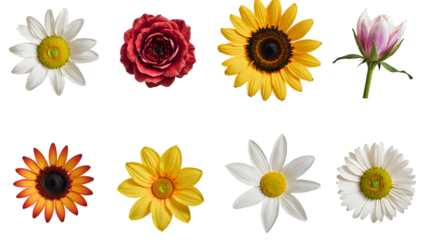 A beautiful collection of various isolated flower heads including rose, sunflower, and daisy, showcasing botanical diversity and natural beauty
