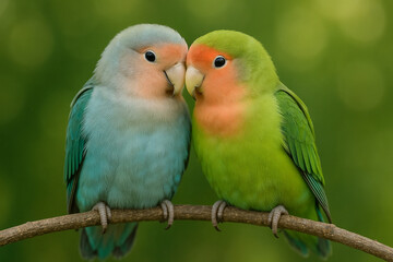 Fototapeta premium Two adorable lovebirds with pastel blue and green feathers touching beaks on a branch