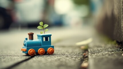 Small blue toy train with green plant sprout growing from the chimney on pavement
