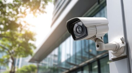Modern outdoor security camera mounted on building exterior for surveillance
