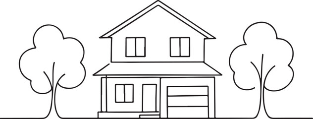 Suburban House with Trees Line Drawing for Real Estate Property Concept