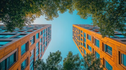 Fototapeta premium Low-angle view of modern buildings with trees