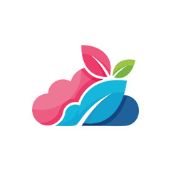 Vibrant Cloud and Leaf Emblem. A contemporary abstract design featuring a cheerful digital form alongside organic foliage in vivid colors. Symbolizes green technology, growth, and connection.