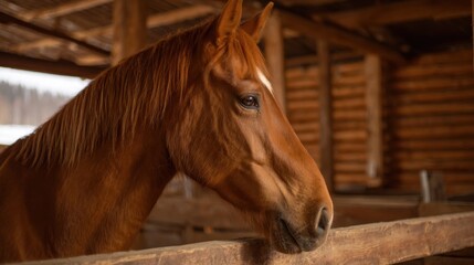 Fototapeta premium Close-up of a brown horse with a shiny coat inside a rustic wooden stable with warm lighting