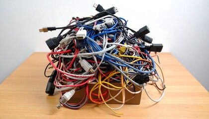 Messy tangled computer cables in a box