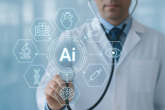 Doctor using artificial intelligence to manage advanced medical diagnosis with digital healthcare interface icons showing innovation in futuristic clinical treatment technology