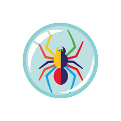Vibrant Spider Bubble Graphic. A striking, geometric arachnid featuring lively hues and a split body design, encased within a clear, spherical element. Represents inventiveness and individuality.